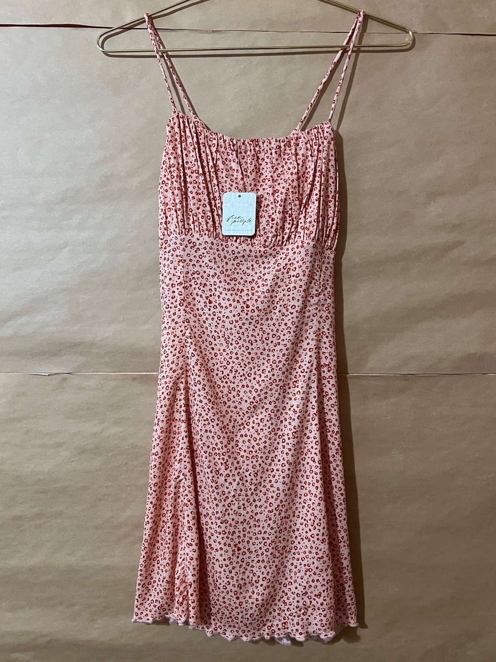 Free People | NWT Jamie Mini Dress Peach Leopard Print Ruched Tie Back Size S